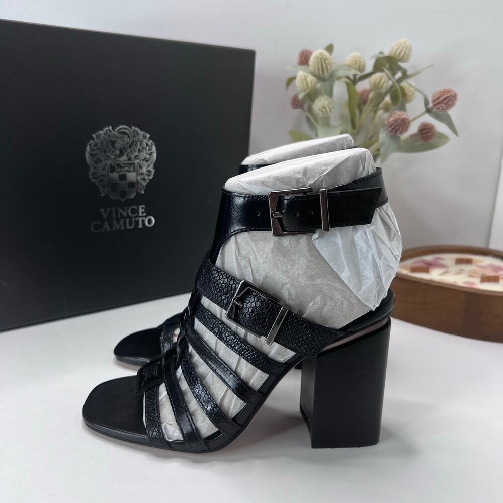 Vince Camuto Hichney Chunky Heel Cage Sandal Open Toe Black Women 5.5 NWB